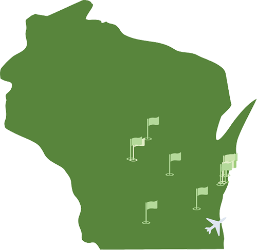 State of Wisconsin with Flags for golf course locations